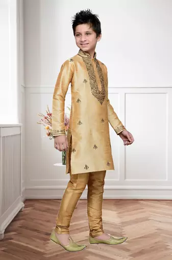 Chikoo Art Silk Kids Kurta Pyjama For Boys