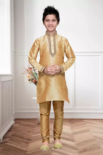 Chikoo Art Silk Kids Kurta Pyjama For Boys