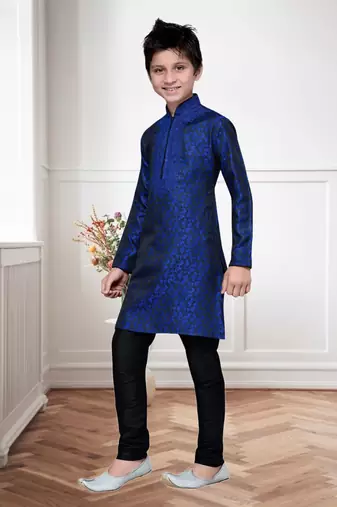 Royal blue brocket kids kurta pyjama for boys