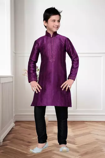 Purple Art Silk Kids Kurta Pyjama For Boys