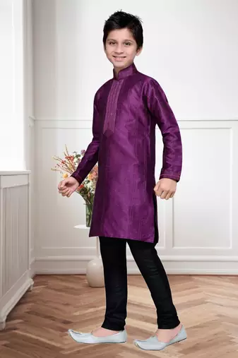 Purple Art Silk Kids Kurta Pyjama For Boys