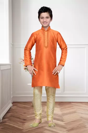 Orange Art Silk Kids Kurta Pyjama For Boys