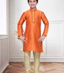 Orange Art Silk Kids Kurta Pyjama For Boys