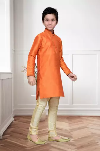 Orange Art Silk Kids Kurta Pyjama For Boys