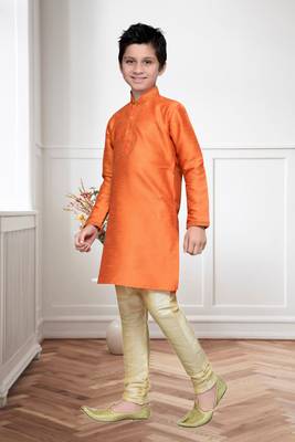 Orange Art Silk Kids Kurta Pyjama For Boys 1