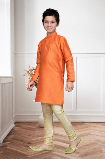 Orange Art Silk Kids Kurta Pyjama For Boys