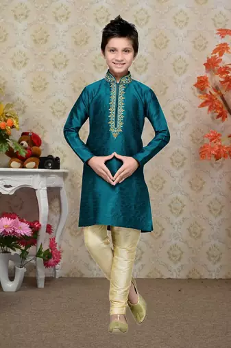 Rama Green Art Silk Kids Kurta Pyjama For Boys