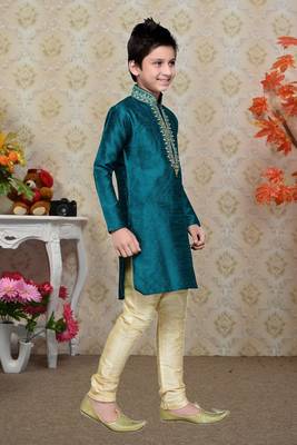 Rama Green Art Silk Kids Kurta Pyjama For Boys 3