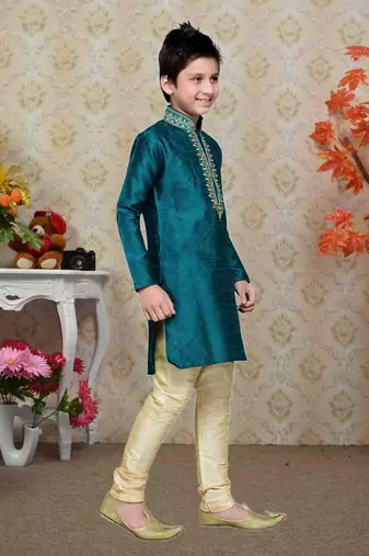 Rama Green Art Silk Kids Kurta Pyjama For Boys