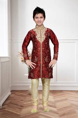Maroon Art Silk Kids Kurta Pyjama For Boys 1