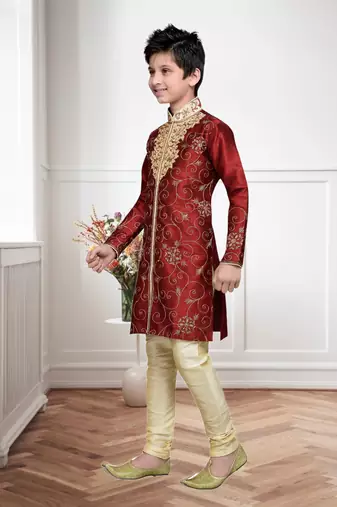 Maroon Art Silk Kids Kurta Pyjama For Boys
