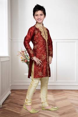 Maroon Art Silk Kids Kurta Pyjama For Boys 3