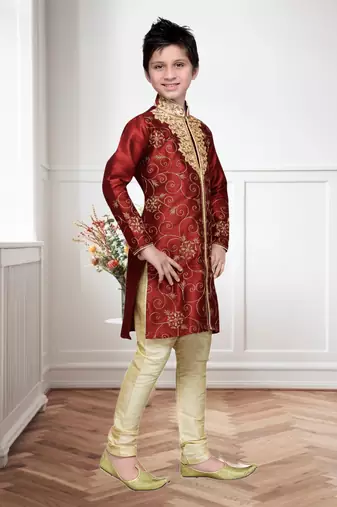 Maroon Art Silk Kids Kurta Pyjama For Boys