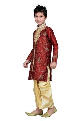 Maroon Art Silk Kids Kurta Pyjama For Boys 1