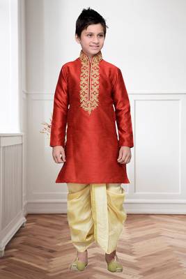 Maroon Art Silk Kids Kurta Pyjama For Boys 2