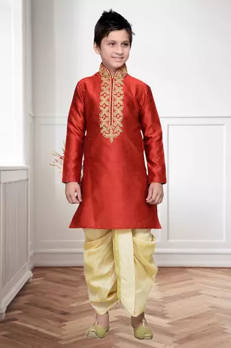 Maroon Art Silk Kids Kurta Pyjama For Boys