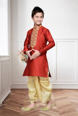 Maroon Art Silk Kids Kurta Pyjama For Boys 3