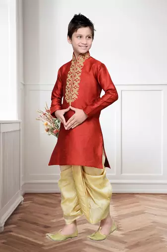 Maroon Art Silk Kids Kurta Pyjama For Boys