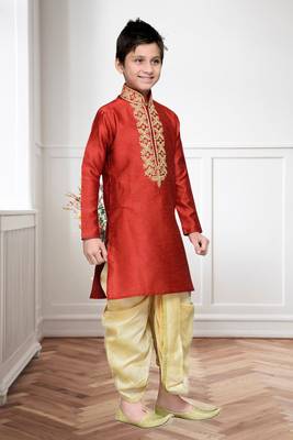 Maroon Art Silk Kids Kurta Pyjama For Boys 1