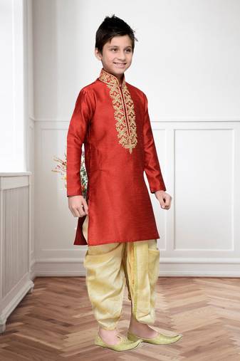 Maroon Art Silk Kids Kurta Pyjama For Boys