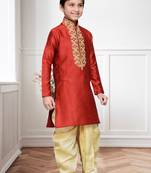 Maroon Art Silk Kids Kurta Pyjama For Boys