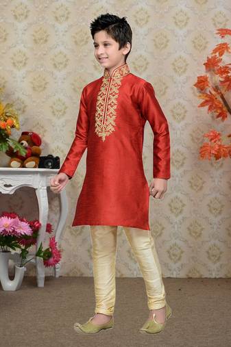 Maroon Art Silk Kids Kurta Pyjama For Boys