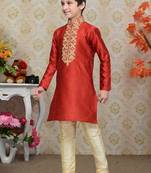 Maroon Art Silk Kids Kurta Pyjama For Boys