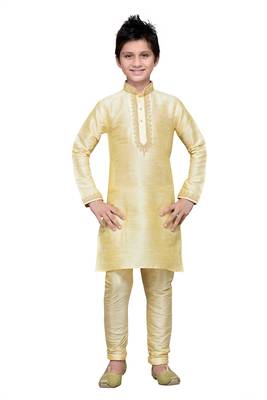 Gold Art Silk Kids Kurta Pyjama For Boys 3