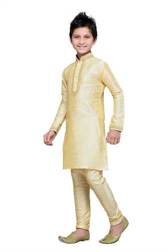 Gold Art Silk Kids Kurta Pyjama For Boys