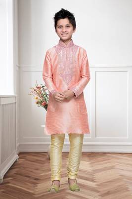 Pink Art Silk Kids Kurta Pyjama For Boys 2