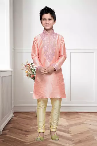 Pink Art Silk Kids Kurta Pyjama For Boys