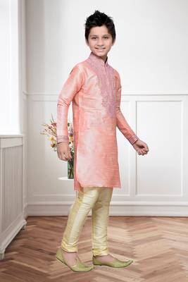 Pink Art Silk Kids Kurta Pyjama For Boys 3
