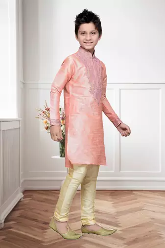 Pink Art Silk Kids Kurta Pyjama For Boys