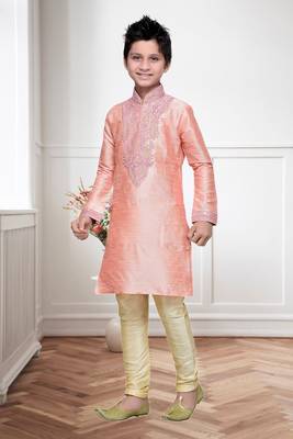 Pink Art Silk Kids Kurta Pyjama For Boys 1