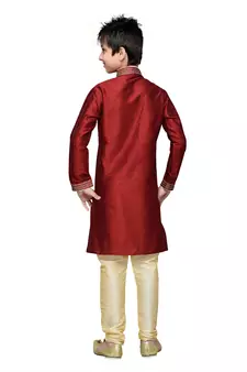 Maroon Art Silk Kids Kurta Pyjama For Boys
