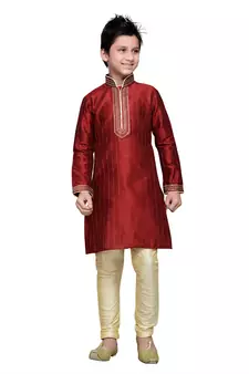 Maroon Art Silk Kids Kurta Pyjama For Boys