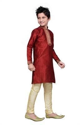 Maroon Art Silk Kids Kurta Pyjama For Boys 1