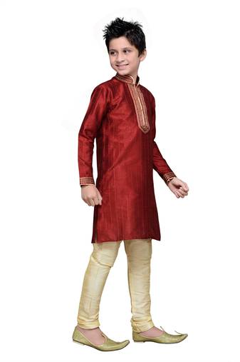 Maroon Art Silk Kids Kurta Pyjama For Boys