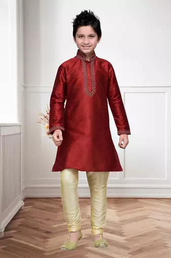 Maroon Art Silk Kids Kurta Pyjama For Boys