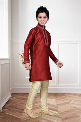 Maroon Art Silk Kids Kurta Pyjama For Boys 3