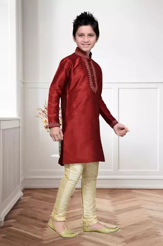 Maroon Art Silk Kids Kurta Pyjama For Boys