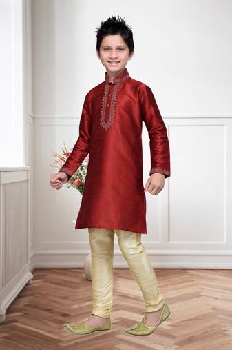 Maroon Art Silk Kids Kurta Pyjama For Boys
