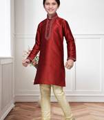 Maroon Art Silk Kids Kurta Pyjama For Boys