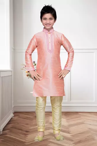 Pink Art Silk Kids Kurta Pyjama For Boys