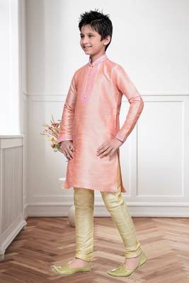 Pink Art Silk Kids Kurta Pyjama For Boys 3