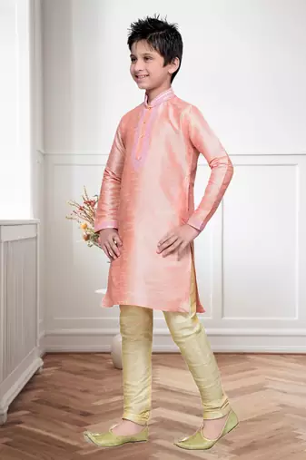 Pink Art Silk Kids Kurta Pyjama For Boys