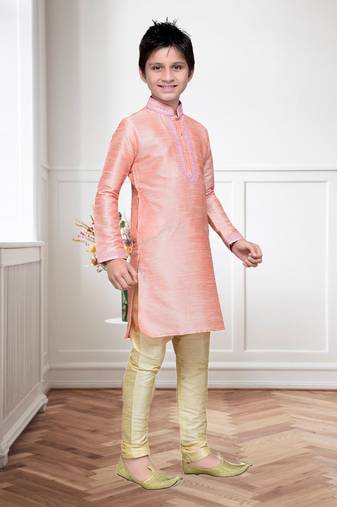 Pink Art Silk Kids Kurta Pyjama For Boys