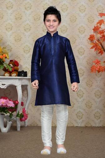 Navy Blue Art Silk Kids Kurta Pyjama For Boys