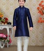 Navy Blue Art Silk Kids Kurta Pyjama For Boys