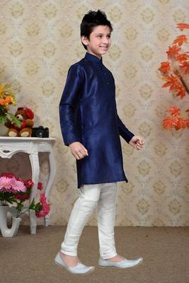 Navy Blue Art Silk Kids Kurta Pyjama For Boys 2